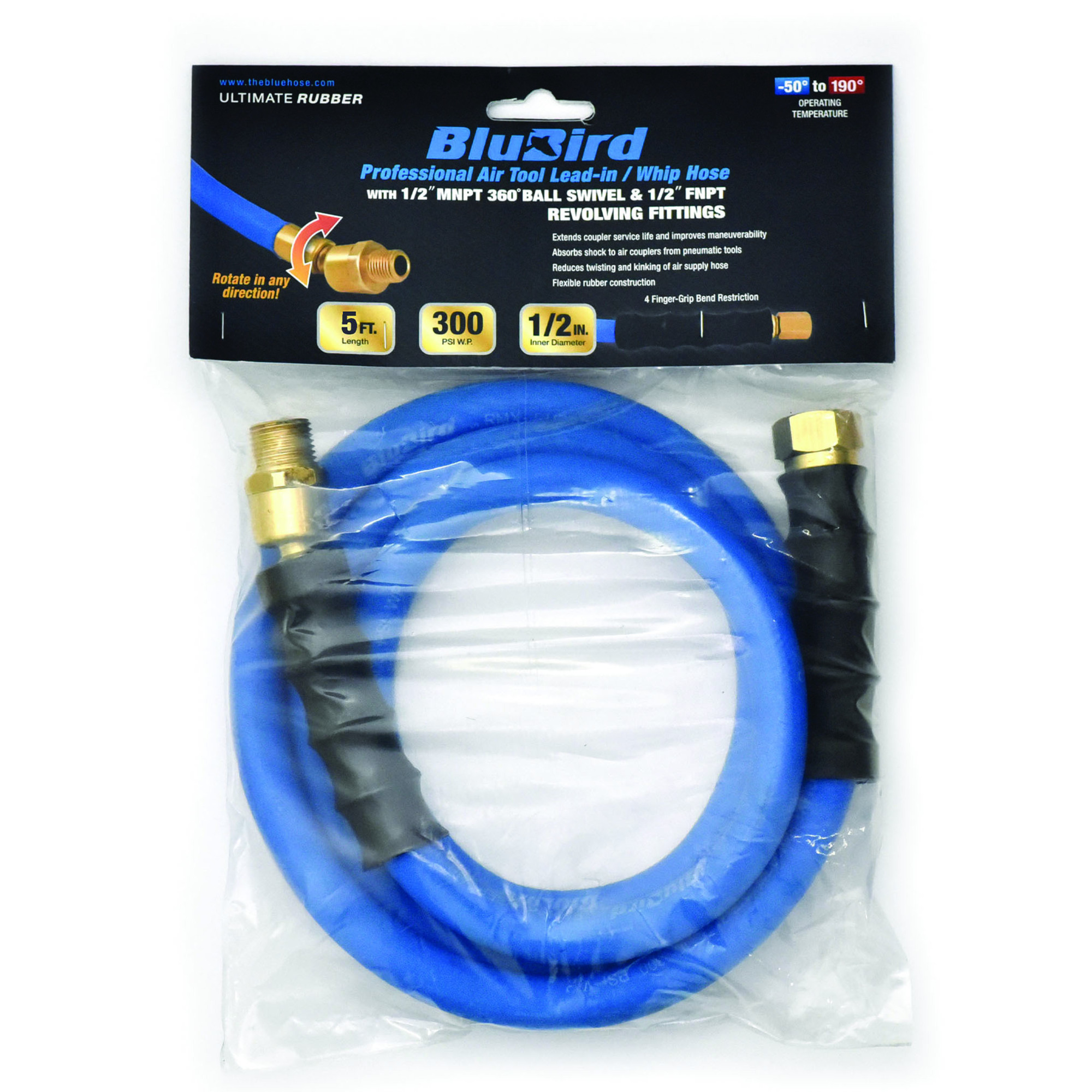 BluBird, Rubber Air Hose Whip / Snubber 1/2in.x5ft., Hose Diameter 1/2 in, Hose Length 5 ft, Model# BBSR1205